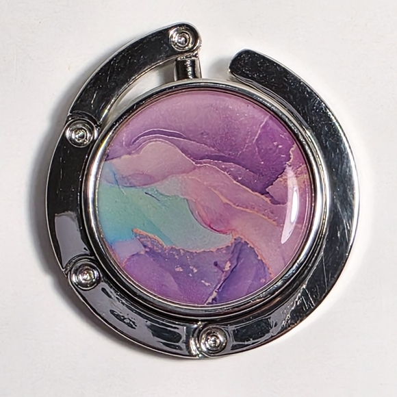 Silver Folding Purse Hook Table Side Handbag Storage Purple Watercolor Design - Picture 2 of 3